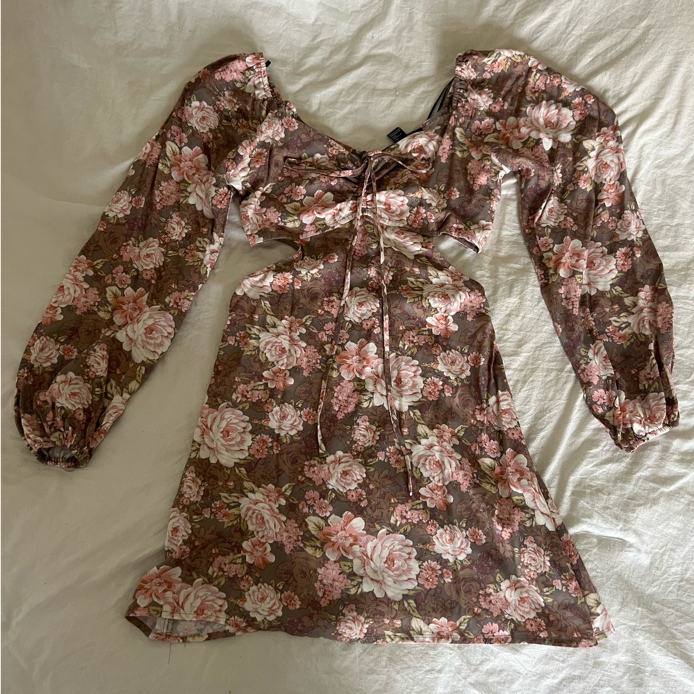 brown pink floral cutout dress